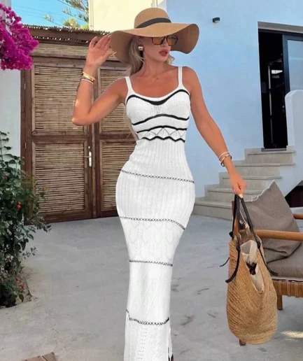 New Women's Summer Color Clashing Bohemian Slip Dress Hollow Out Knit Wrap Dress