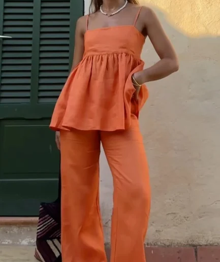 Womens 2-Piece Set Flowy Orange Summer Outfit with Camisole Top WideLeg Pants Beach Vacay Must-Have Coastal Chic Look
