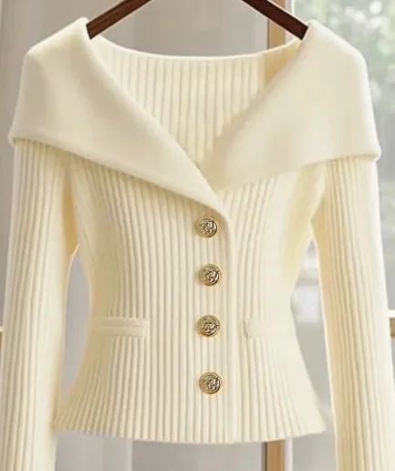 Elegant Women's White V-neck Slim Short Cardigan, Lapel Waist, Long-sleeve Knit Sweater for Fall/winter Commute