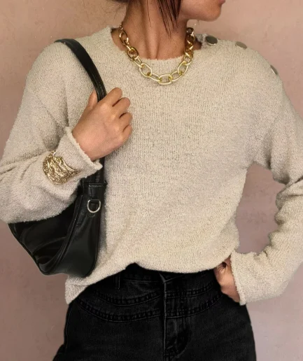 Fall and Winter Fashion Casual Vacation Women's Special Design Metal Button Long Sleeve Sweater