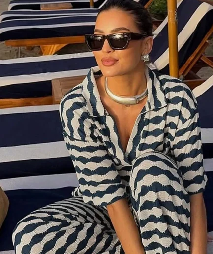 ARDOR S Women's Blue White Wave Stripe Sweater Set V-Neck Top + Slim Pants, Spring/Summer 2025 Casual Outfit