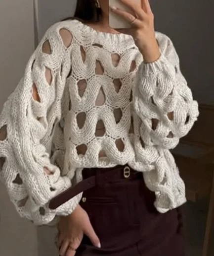 Women's Casual Sonic Knitted Sweater with Autumn Bell Sleeve Semi-Sheer Hollow-Out Design for Fall