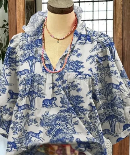 Vacation Plant Animal Porcelain Pattern Fashion Women Casual Comfortable Short-sleeved V-neck Printed Shirt