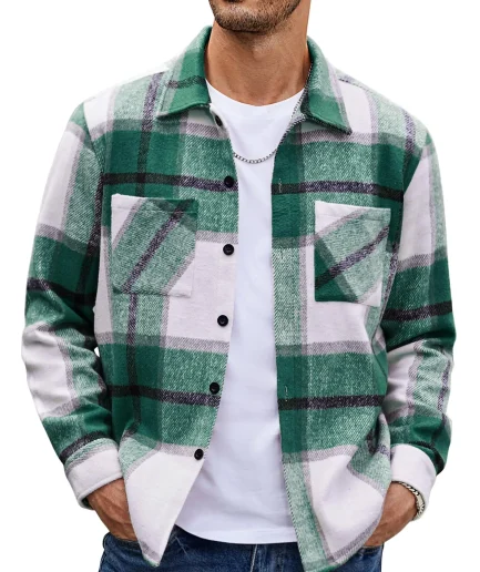 Men's Flannel Shirt Casual Button Checkered Shirt Jacket Long Sleeved Wool Jacket With Pockets Outerwear Suitable