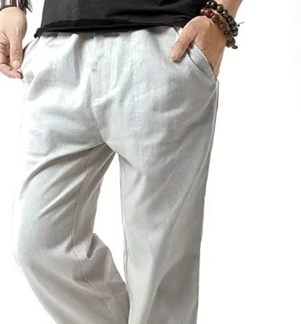 Men's Open Bottom Cotton Casual Sports Lightweight Drawstring Stretch Waist Summer Beach Pants