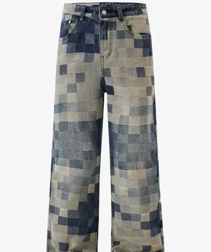 Man's Casual Checkerboard Jacquard Wide Leg Jeans