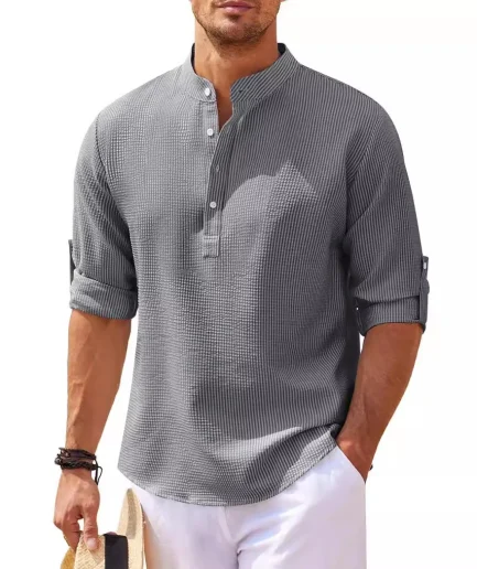 100% Cotton Men's Long Sleeve Shirt Stand Collar Half Button Plaid Shirt Men's Casual