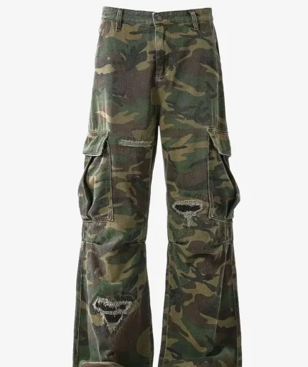 Ripped Camouflage Flared Cargo Pants