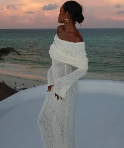 Summer Casual Beach Holiday Dresses Sexy Strapless Crocheted Floor-Length Breathable Woven with Solid Pattern for Spring Autumn