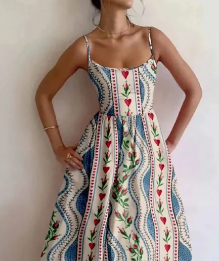 Women Spring and Summer Outfits Fashion Elegant Resort Style Bouquet Love Heart Random Print Adjustable Strap Suspender Dress