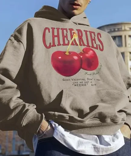 Mens Oversized Cherry Graphic Hoodies Vintage Cherries Printed Streetwear Sweatshirt Fleece Aesthetic Baggy