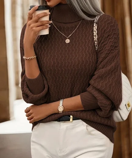 Women's High-Neck Long-Sleeve Pullover Sweater Casual Solid Color for Autumn/Winter Knit Tops