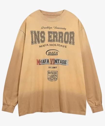 Letter Printed Washed Distressed Gradient Long Sleeve T-Shirt