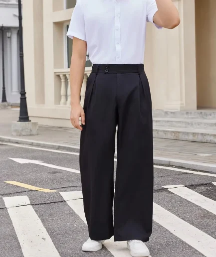 Men's Pleated High Waist Wide Leg Pants Loose Fit Casual Pants with Pocket