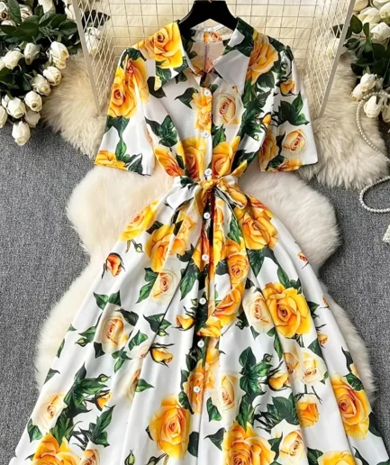 2025 Summer Women's Casual Empire Printed Dress Roman Turn-Down Collar Tunic Slim for Bandage Midi Maxi Length One Fits All