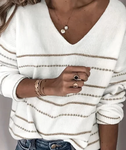 Casual Women's V-Neck Striped Knit Pullover Sweater Wool Blend Design for Autumn and Winter Use Front Decoration