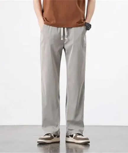 Men Casual Pants Thin Drawstring Elastic Waist Loose Straight 100% Cotton High Quality Jogger Trousers