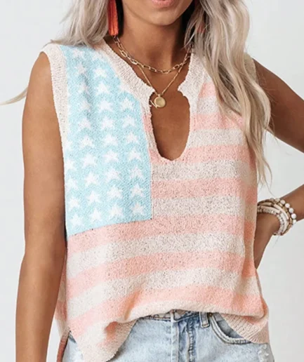 Usa Flag Design Spring and Summer Fashion Casual Comfortable Sleeveless V-Neck Front Short Back Length Knitted Sweater