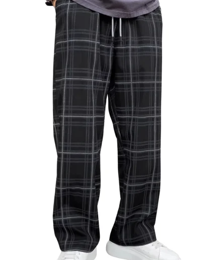 Men's Plaid Pants High Drawstring Waist Trouser Pants Loose Straight Leg Lounge Pants With Pocket