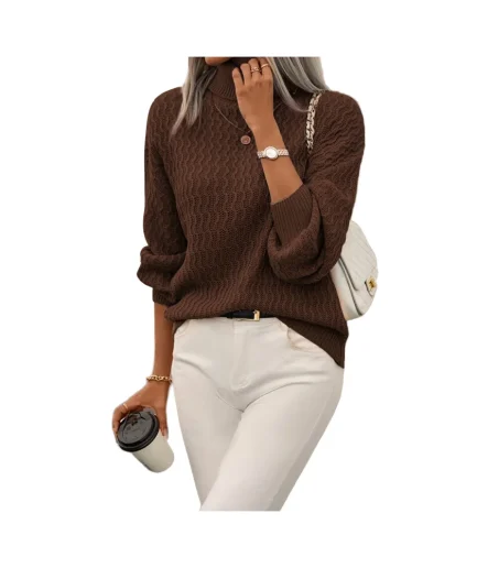 Women's High-Neck Long-Sleeve Pullover Sweater Casual Solid Color for Autumn/Winter Knit Tops